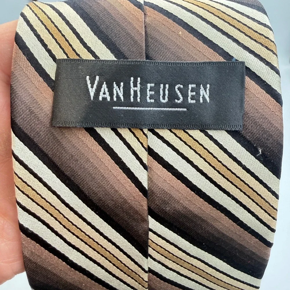 Van Heusen Mens Silk Necktie Brown Tan Cream Striped‎ Classic Business Tie